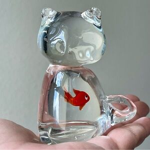 Vintage | Art Glass Clear Cat Swallowed A Fish In Belly Paperweight 3.25" Tall